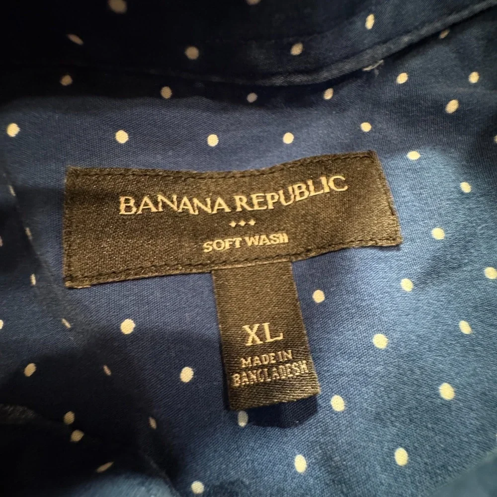 Banana Republic Shirt Men XL Blue Cotton Polka Dot Casual Preppy Soft Wash Shirt